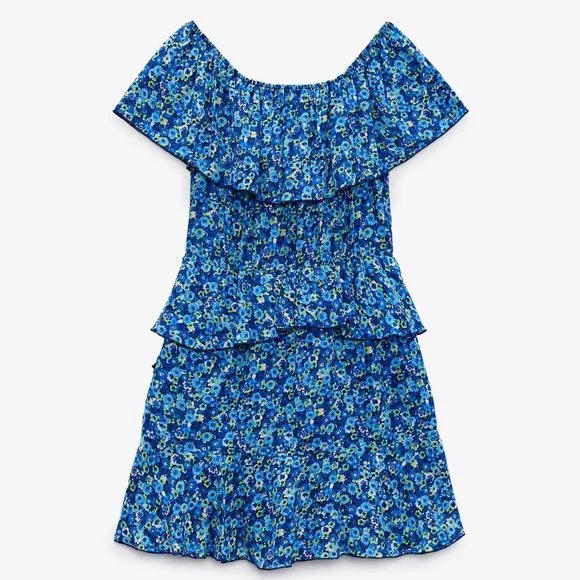 NEW Zara Blue Floral Off the Shoulder Cute Tiered Ruffle Dress Romper Jumpsuit M - Picture 7 of 9